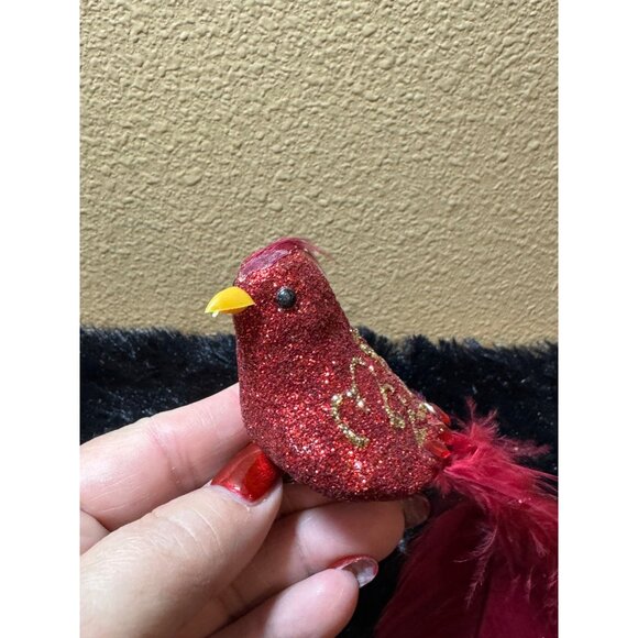 Vintage Red Glitter Bird Ornament Clip-On With Feathers & Decorative Detailing - Picture 2 of 7